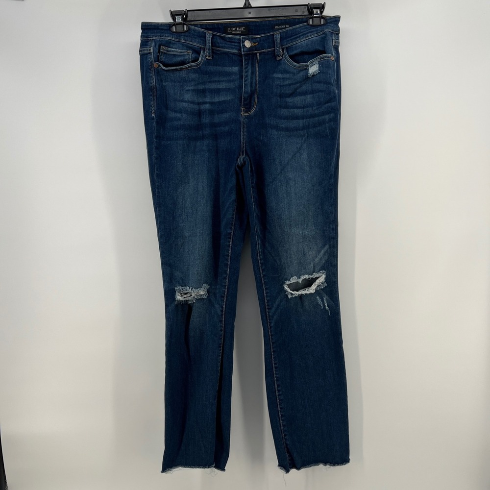 Judy Blue Straight Fit Distressed Dark Wash Jeans 15/32 Women‎ High Rise